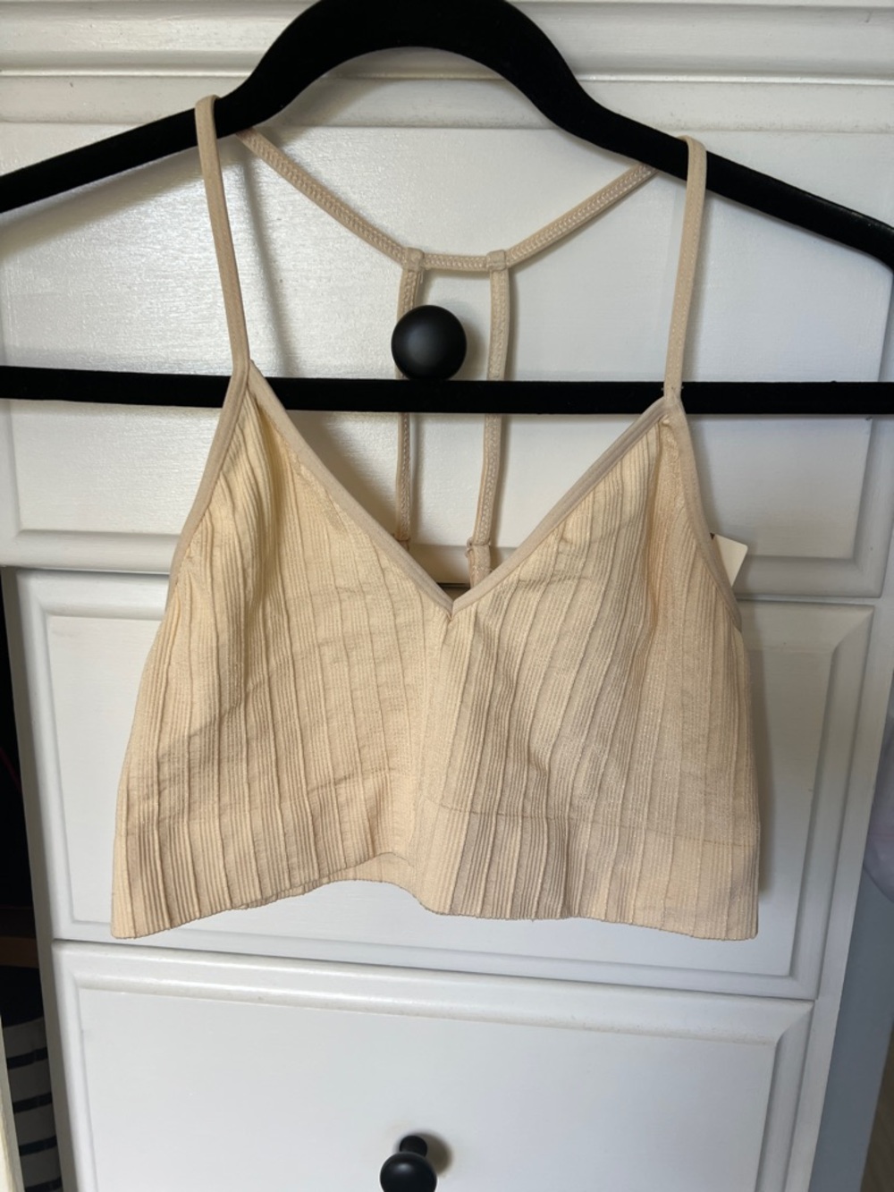 Ribbed V-Neck Cropped Bralette Top in Beige